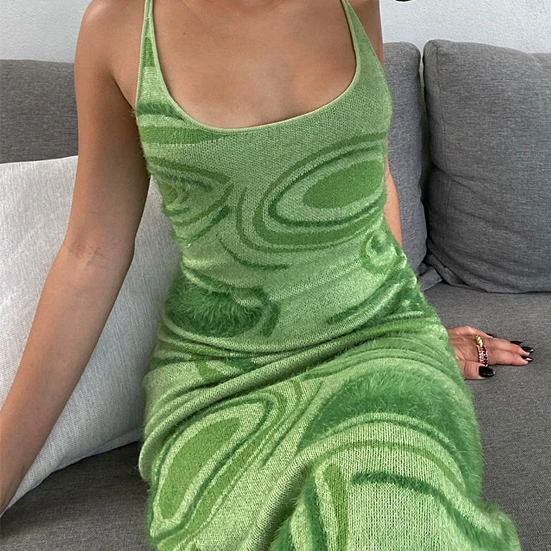 

Green Dress women Print Knit Bodycon Dress Summer Paisley Sleeveless Spaghetti Strap Hollow Sexy Y2K Party Midi Dresses