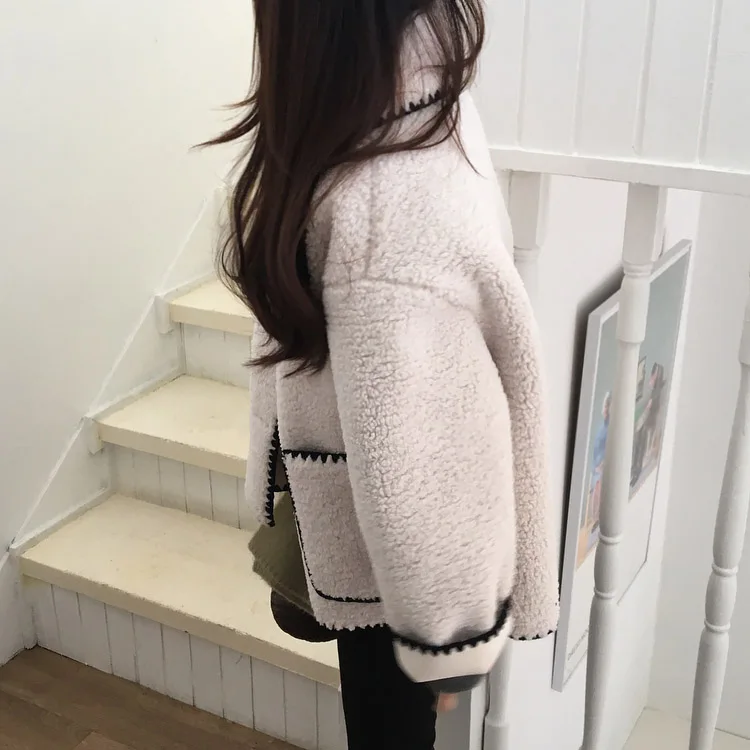 Fake fur Button turne neck short Jacket long-sleeve loose autumn Coat Korean chic winter top warm Jackets