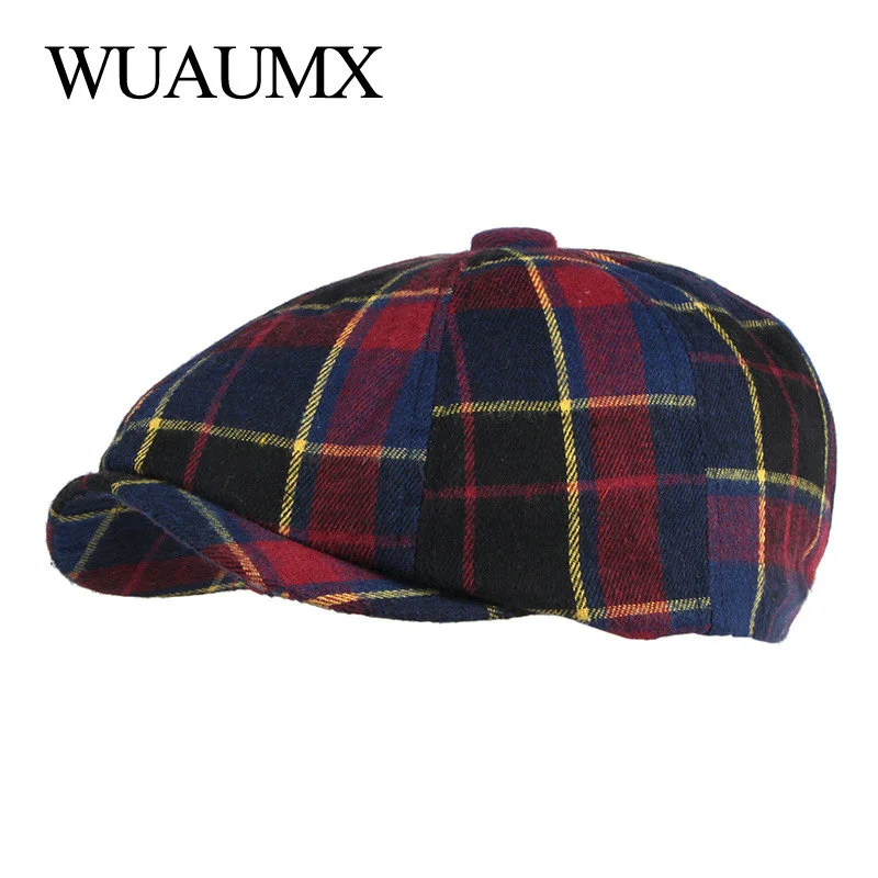

NEW Casual Retro Octagonal Hats For Women Blue Orange Plaid Eight-blade Painters Newsboy Cap For Men Cotton Herringbone Flat Cap