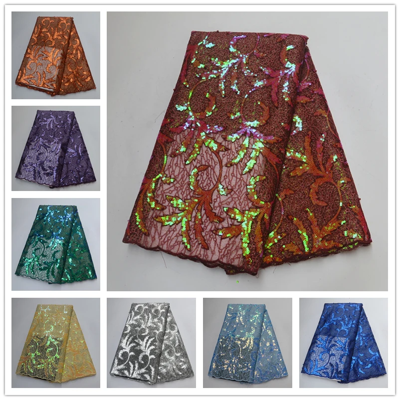 

Africa Lace Fabric With Sequins And Beads High Quality Embroidery 2019 Nigeria Tulle Mesh Fabric Used for party dresses