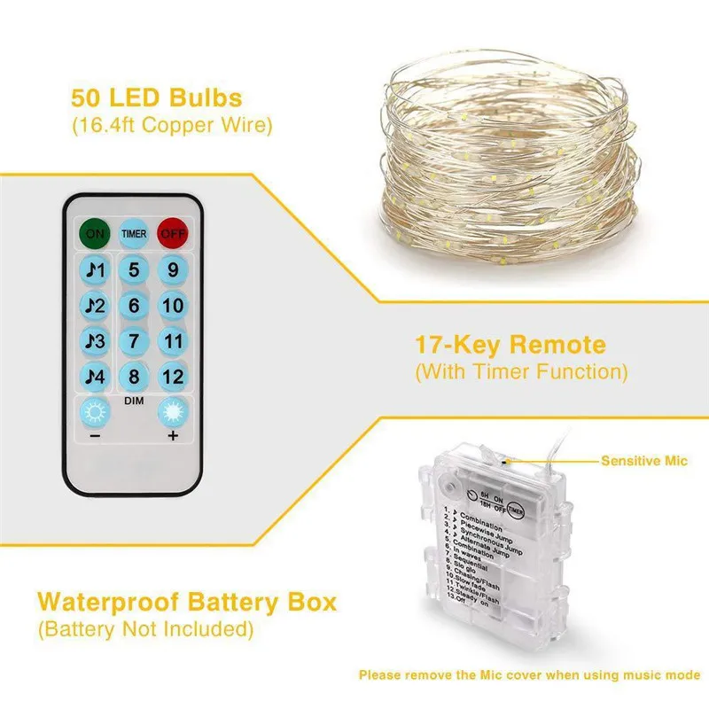 Водонепроницаемая светодиодная музыкальная гирлянда 3AA с батарейным отсеком и