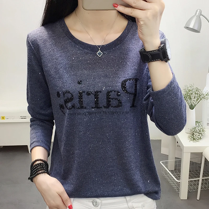 

shintimes Tee Shirt Femme Plus Size T-Shirt Women Clothes 2022 Autumn Casual Diamonds Letter Tshirts Long Sleeve Vetement Femme
