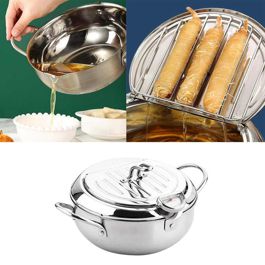 

Kitchen Cooking Pot Deep Frying Pot Tempura Fryer Pan Temperature Controllable with Oil Drainage Rack in Lid