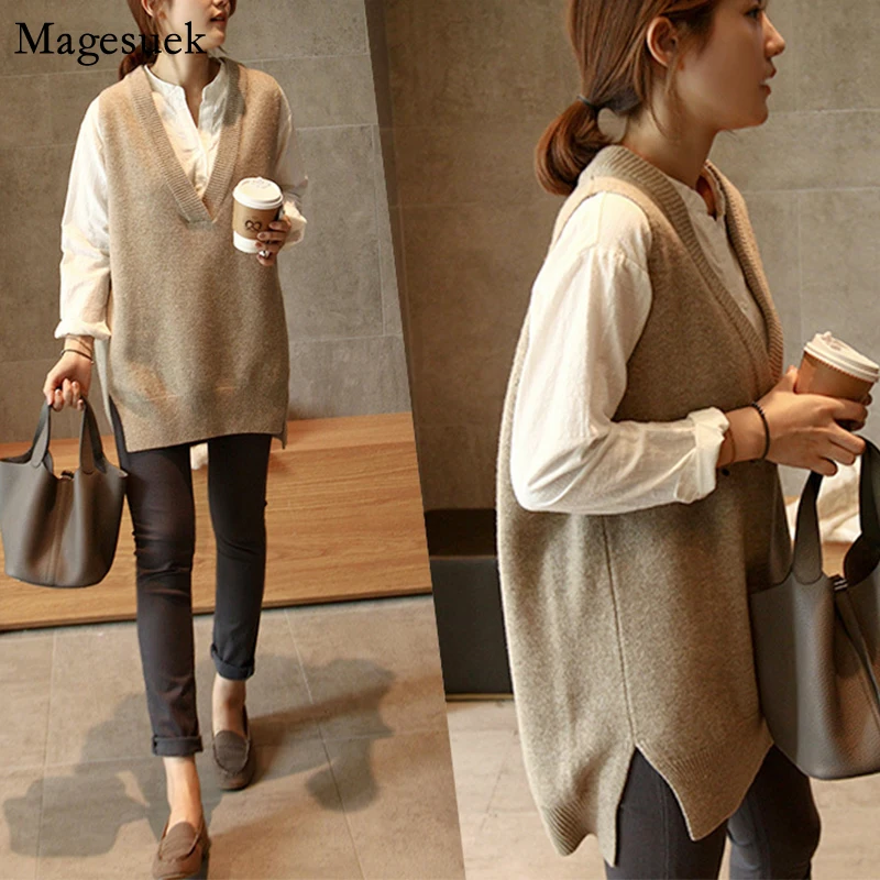 Пуловер женский Осень-зима вязаный без рукавов с V-образным вырезом теплый