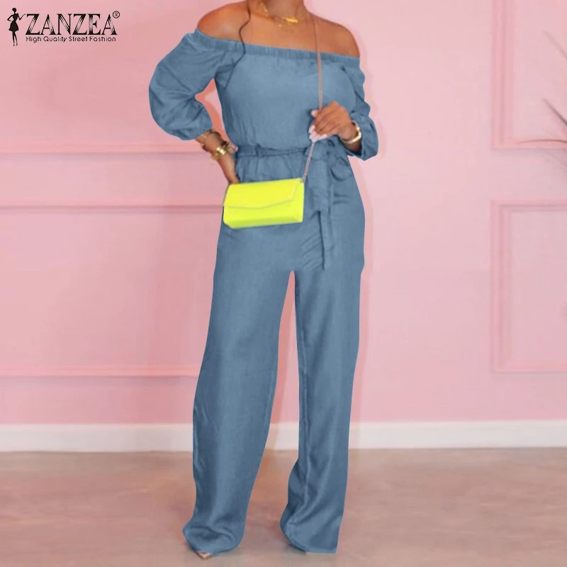 

Женские модные джинсовые синие комбинезоны, осень 2021, комбинезоны с пышными рукавами, Женские повседневные Комбинезоны с поясом, Длинные Ко...