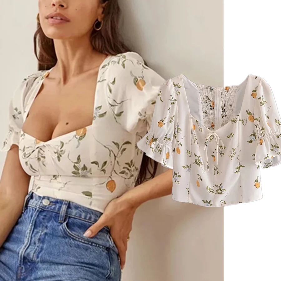 

Elmsk Blusas Mujer De Moda 2021 Indie Folk Vintage Square Collar Lemon Print Elegant Sexy Blouse Women Shirt Women Short Top