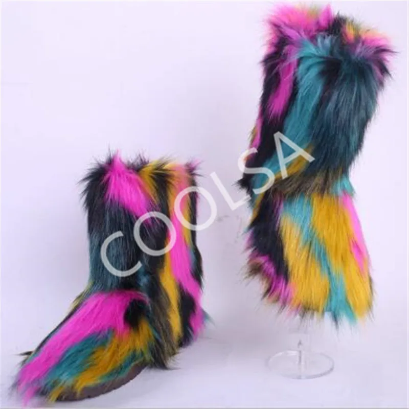 Женские зимние сапоги из искусственного лисьего меха пушистые полосатые меховые