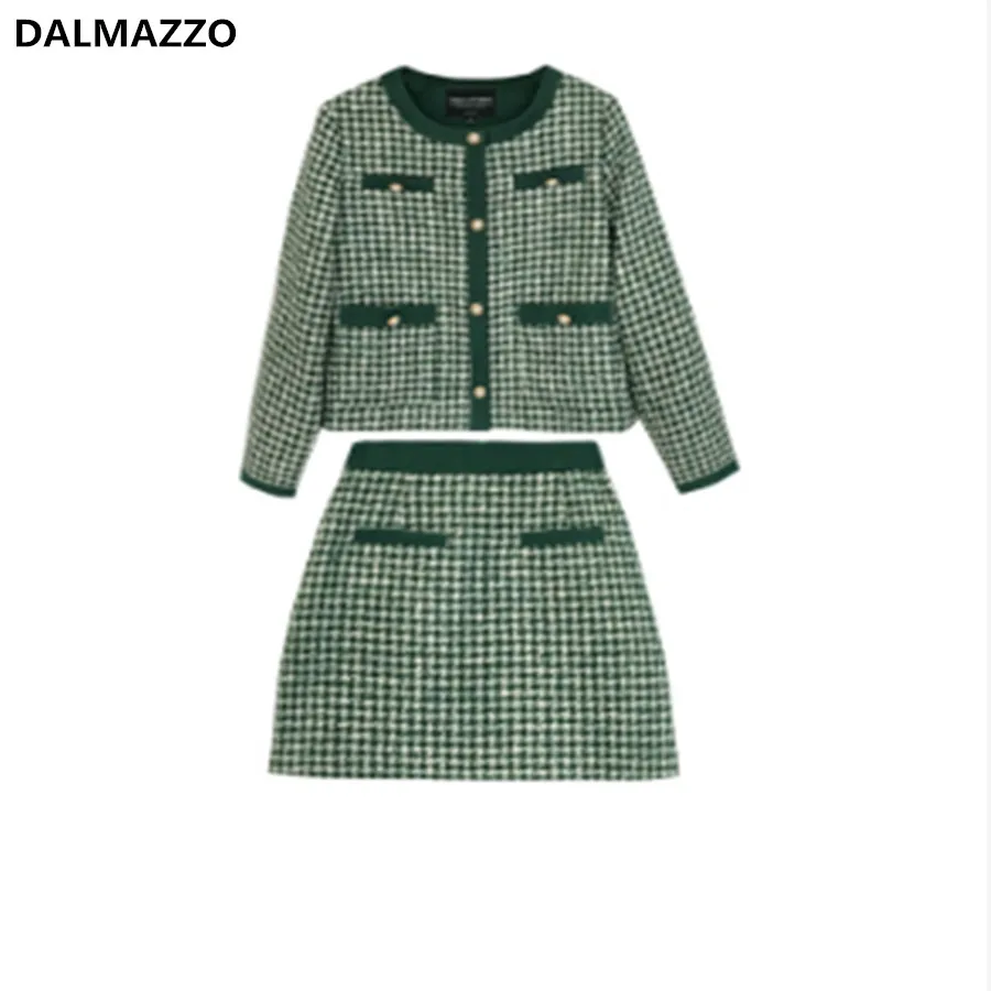 Женский трикотажный Костюм двойка зеленый кардиган в клетку и мини юбка осень 2019|