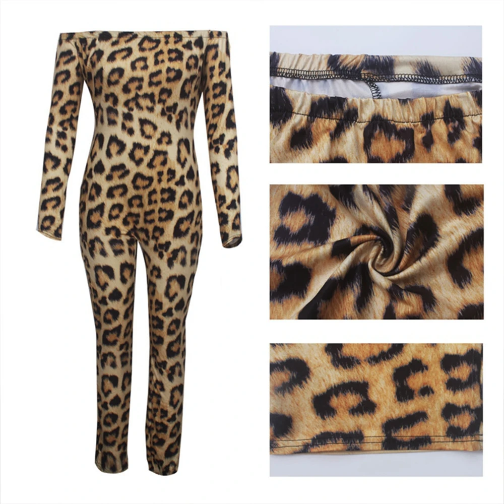 

OMILKA Leopard Printed Rompers and Jumpsuits 2019 Autumn Winter Women Long Sleeve Off the Shoulder Bodycon Club Party Overalls