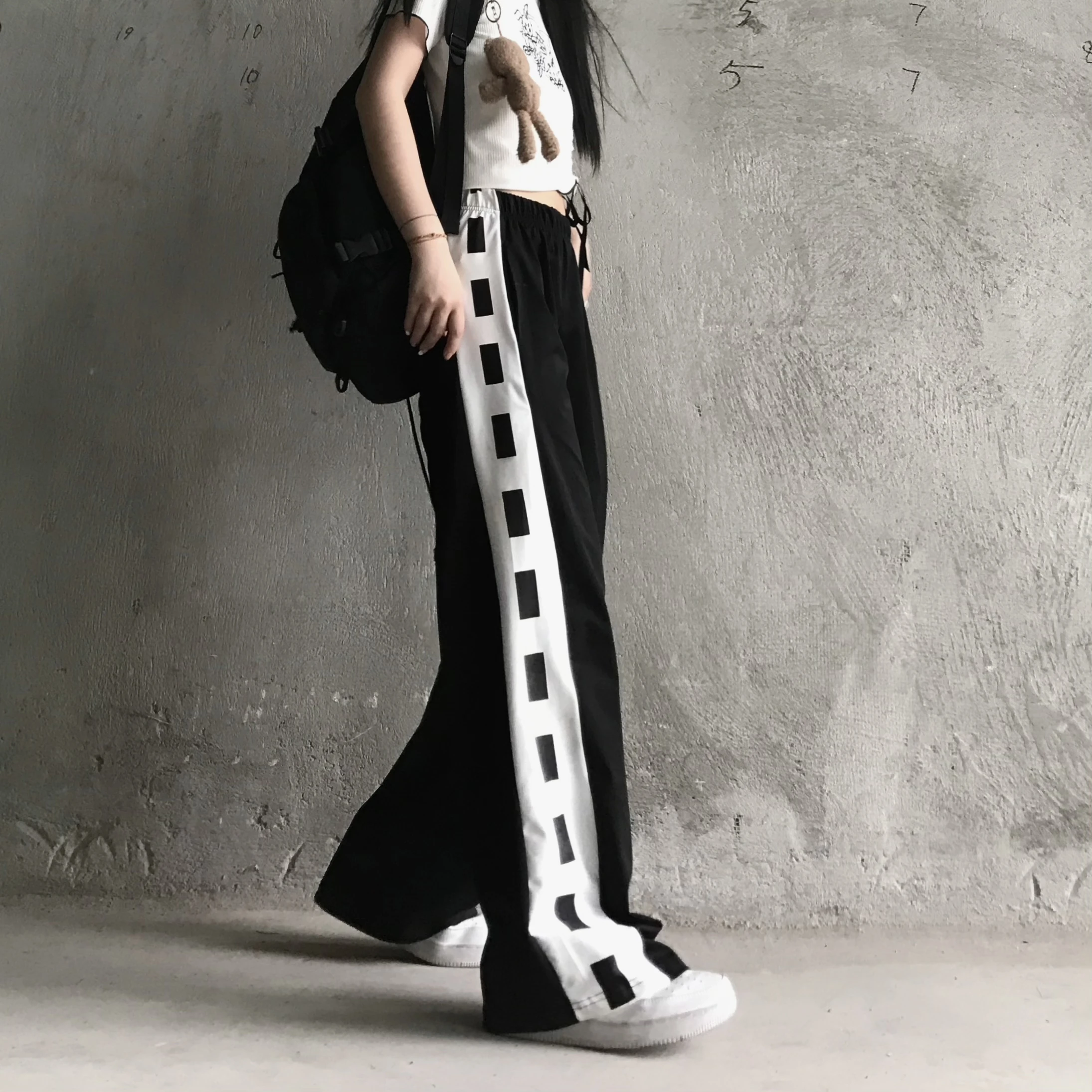 

Spring and summer new style straight loose high streetwear high waist casual wide leg trousers side printed pants women