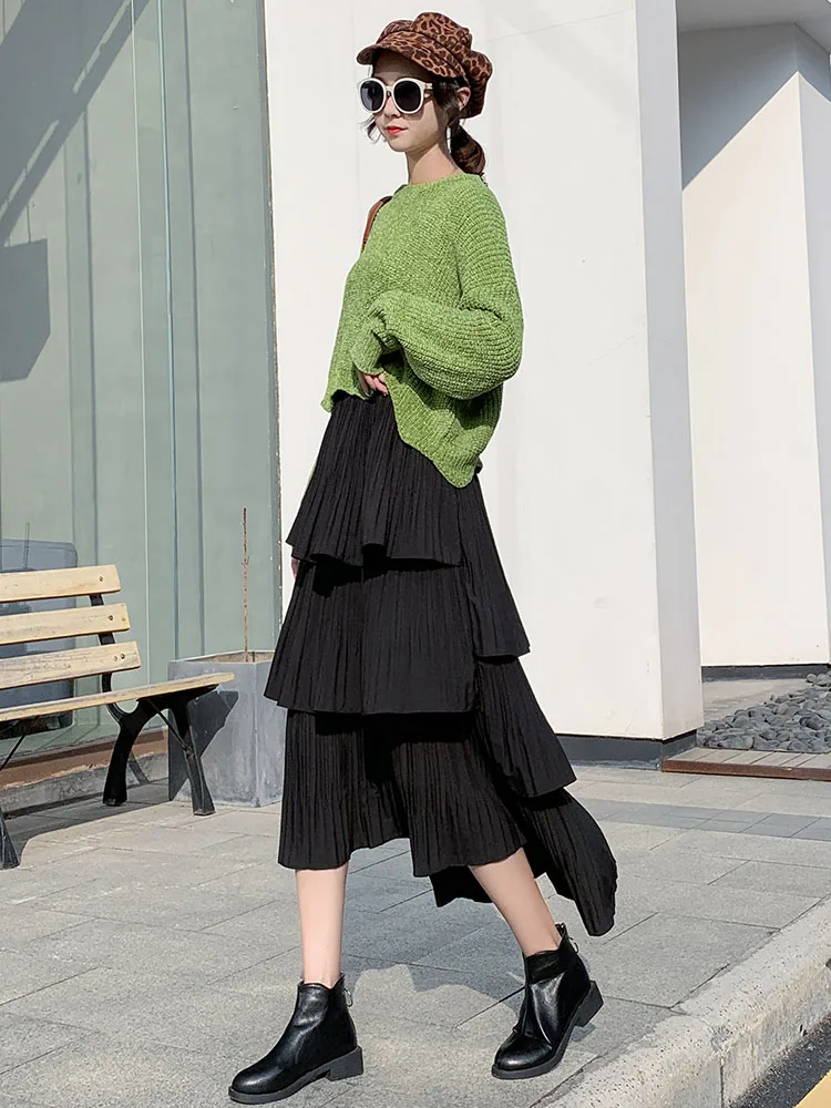 

Solid Irregular Cake Multi-level Middle-length Spring and Autumn 2020 New Summer High-waisted Pleated Women Skirts