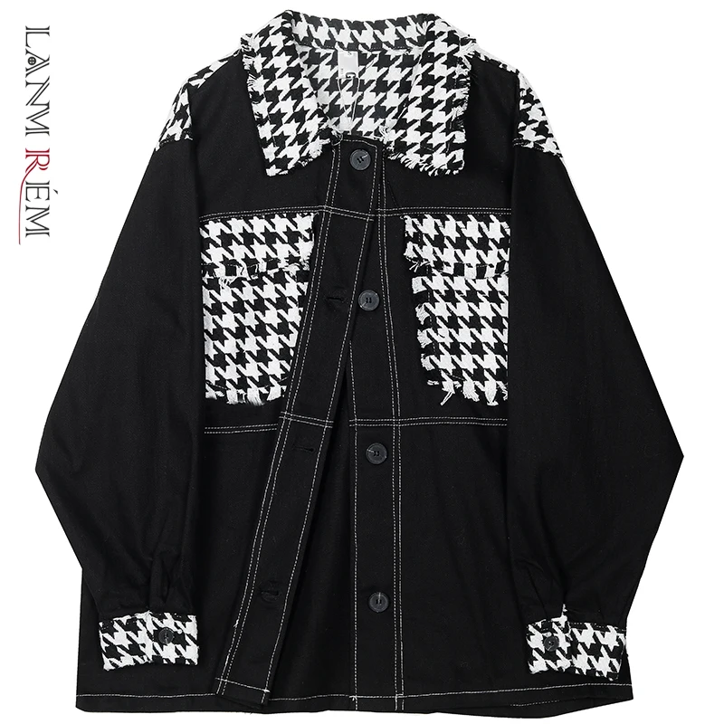 

LANMREM Denim Jacket For Women 2022 Autumn Winter Patchwork Black Coat Long Sleeve Loose Plaid Short Jackets Streetwear 2D1133