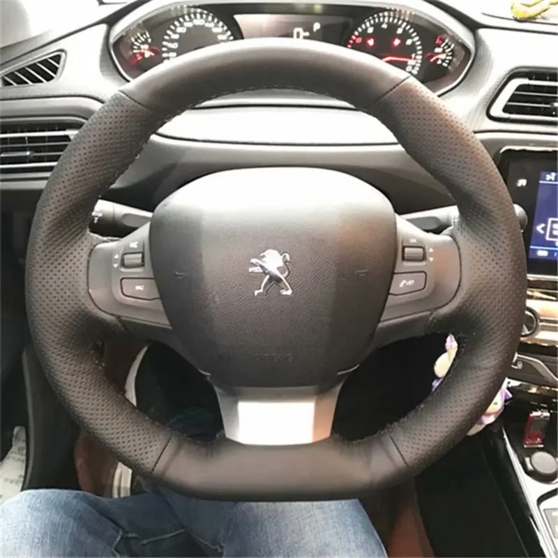 FULL BLACK Leather Hand Sewing Car Steering Wheel Cover 38cm for Peugeot 208 2012- 2008 2013- 308 308sw - Название цвета: FULL BLACK