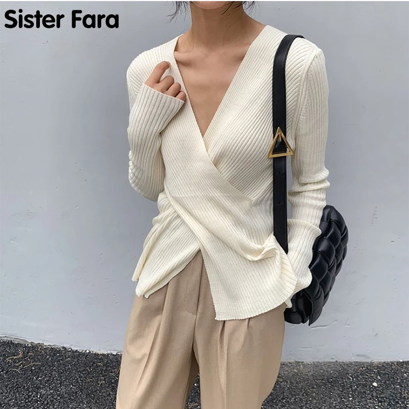 

Sister Fara New Spring Autumn Woman's V Neck Knitted Vertical Line Hedging Bottoming Sweater Sexy All Match OL Office Lady Shirt
