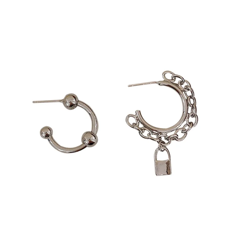 

Personality Silver Color Twist Chain Asymmetric Earrings for Women Metal Lock Beaded C Shape Dangle Earrings Korean Jewelry gift