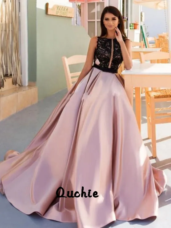 

Contrast Color Deep V Black Pink Prom Dresses Applique Beaded vestidos de graduacion A Line Long Prom Dress Custom Made Plus