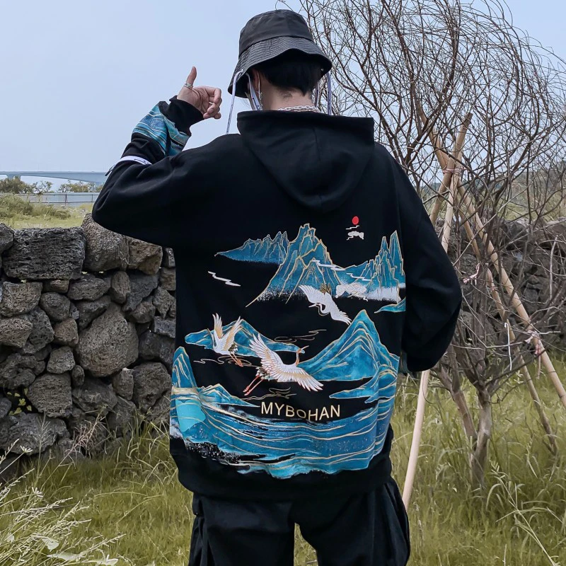

ELKMU Mountain Crane Sun Print Landscape Hoodies Sweatshirt Men Women Harajuku Streetwear Hip Hop Autumn Sweatshirts Male HE332