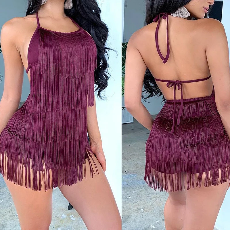 Мини комбинезон на бретелях спагетти с кисточками лямкой шее открытой спиной для
