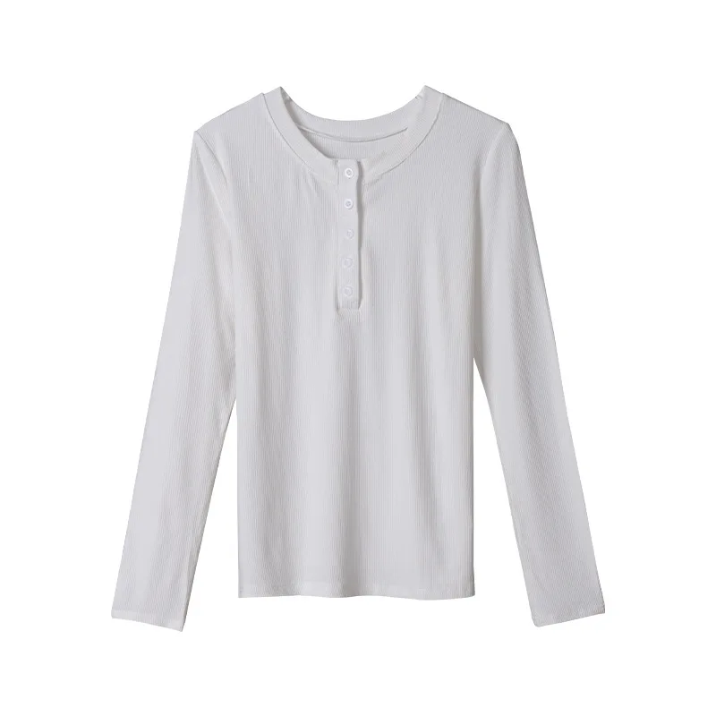 

Women Spring Autumn Slim Gray V-Neck Cotton Button T-Shirt Ladies Solid Color Plus Size Pulloers Female Brand Casual Tops ZM434