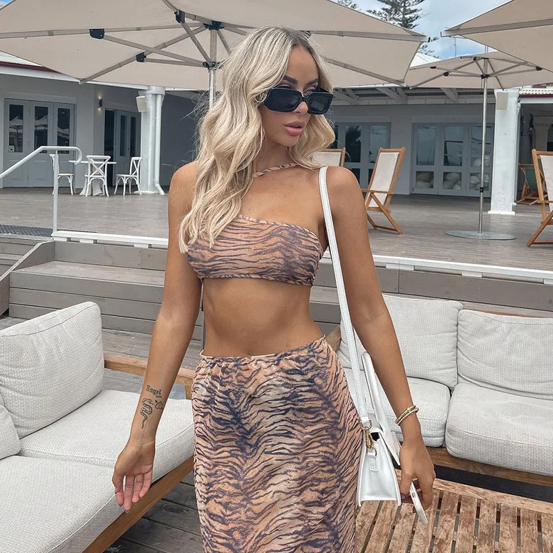 

Women's Summer New Fashion Printing Net Yarn Single Shoulder Strap Wrapped Chest Female Suit The Dress