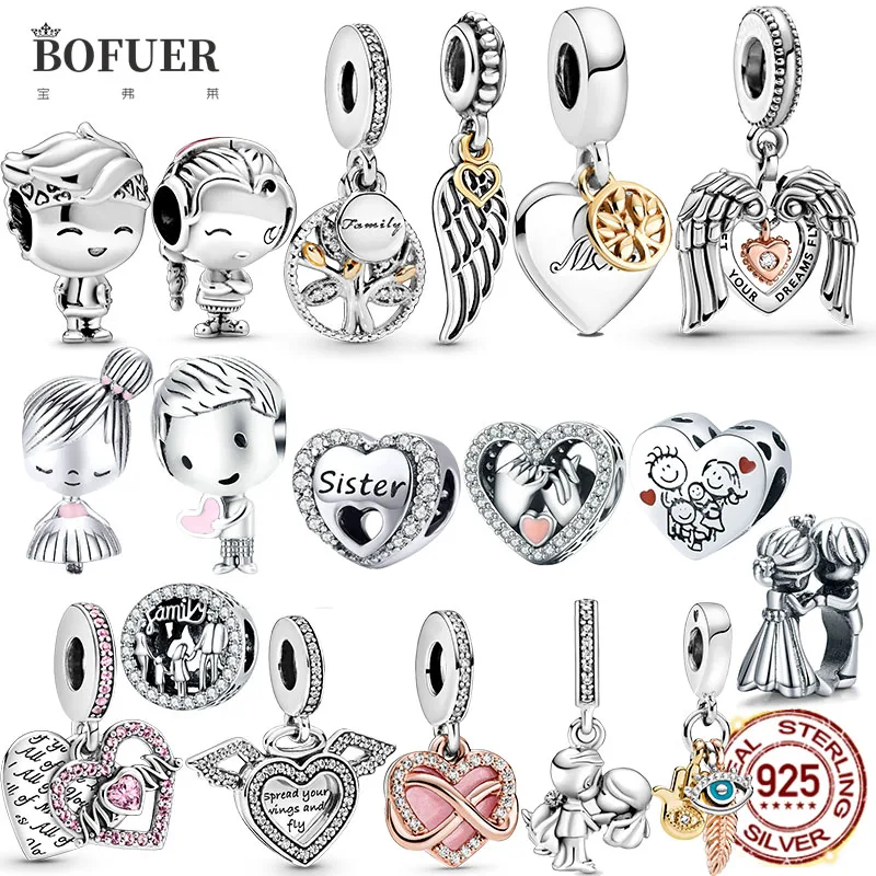

100% 925 Sterling Silver Feather Family Tree Snowflakes Boy Dangle Beads Fit Original Pandora Charms Bracelets DIY Women Jewelry