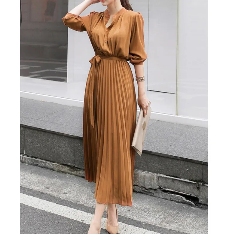 

Шифоновое платье XUXI с длинными рукавами, плиссированное, женское, приталенное, облегающее, темпераментное, с юбкой, платье, весна-осень 2021, ...