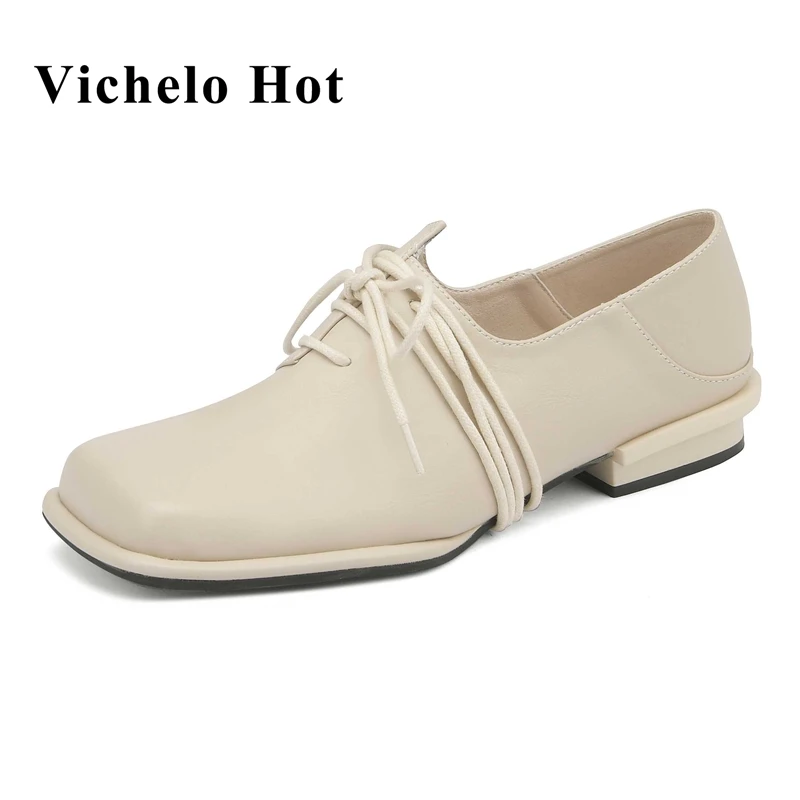 

Vichelo Hot full grain leather square toe low heel classic colors England style cross-tied young lady daily wear women pumps L97