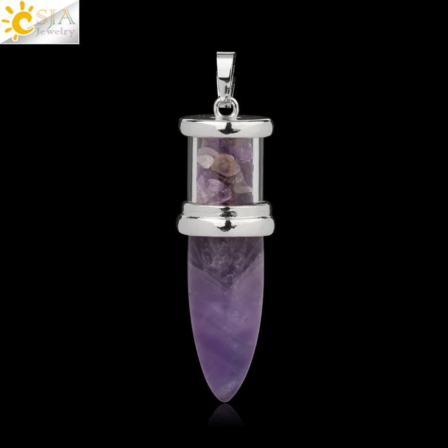 Amethyst CSJA в форме пули подвески из натурального камня розовый кварц Фиолетовый Кристалл ожерелья Желая бутылка конус рейки Маятник для женщин и мужчин G284 - Окраска металла: Amethyst
