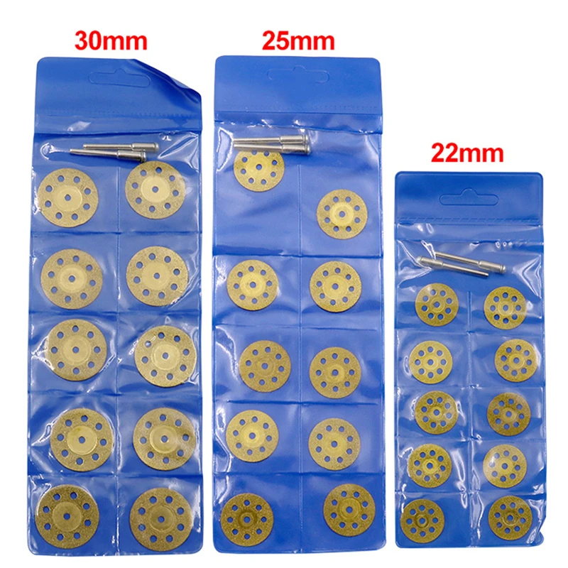 

10pcs 22mm 25mm 30mm Mini Diamond Saw Blade Gold Cutting Blade + 2pcs Rod Grinding Drill Adapter Rotation