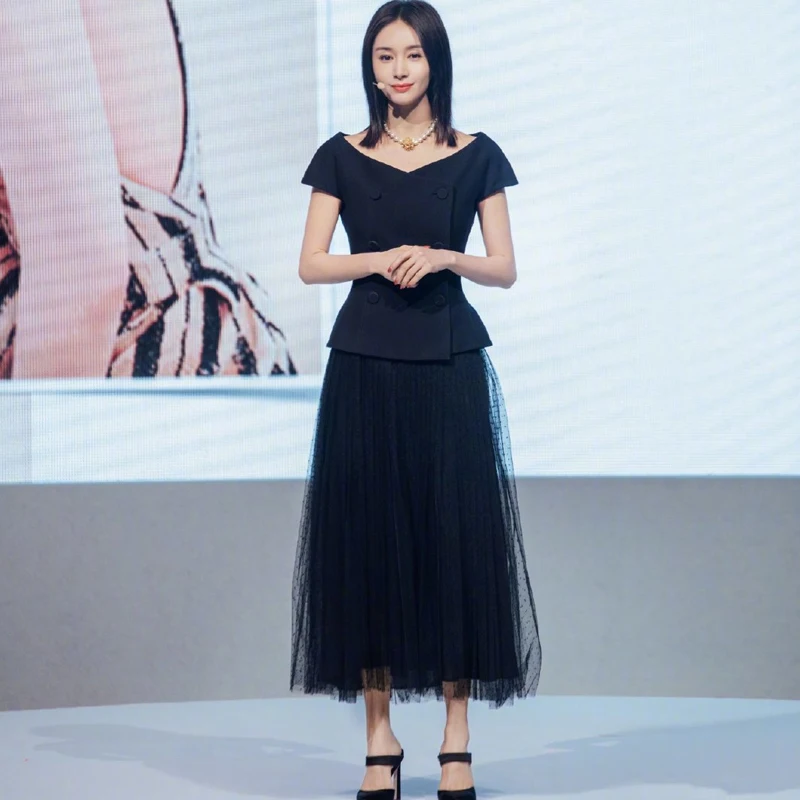 

Double-Breasted Black Short-Sleeved Elegant Top Temperament Stretch Sexy Tulle Skirt Women'S Two-Piece Suit High-Quality New