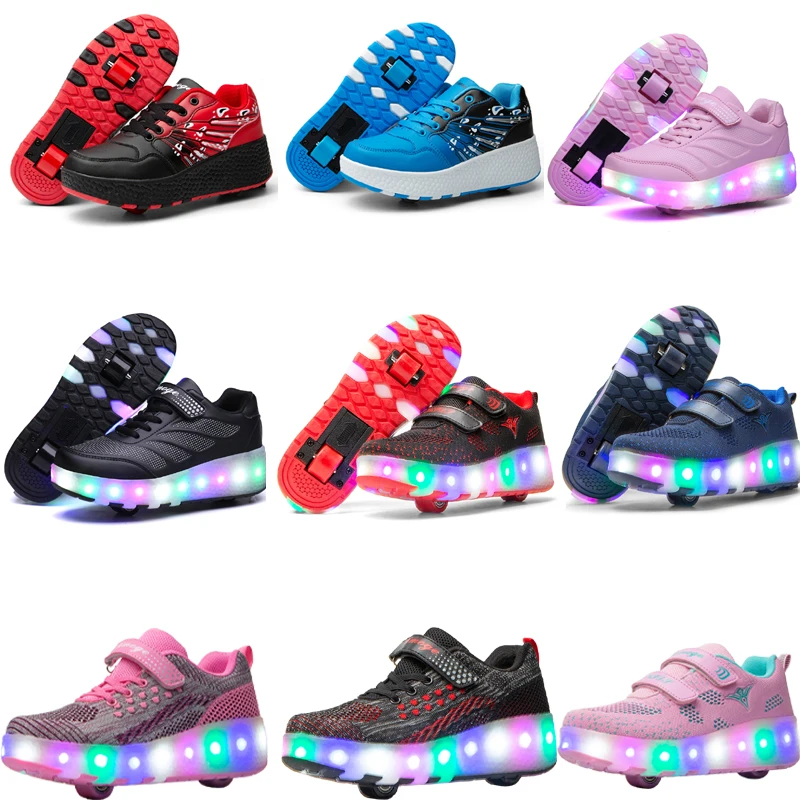 Two Wheels Luminous Sneakers Blue Pink Led Light Roller Skate Shoes for Children Kids Boys Girls Up 28-43 | Детская одежда и обувь