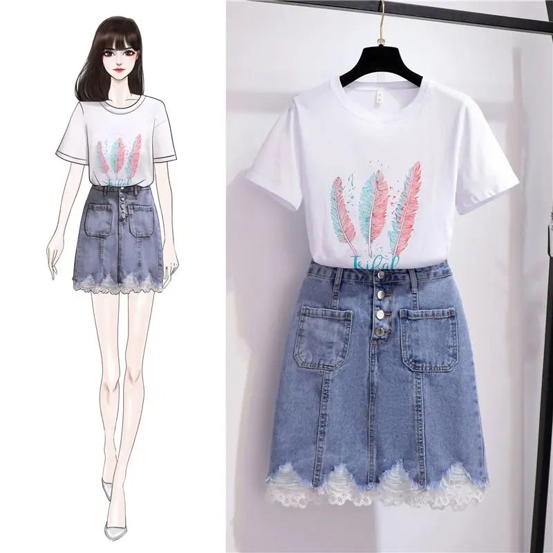 

Skirt Suit Lace Denim Skirt Female 2021 New Summer Skirt Design Sense + Summer Half-sleeved Top Clothes Compassionate