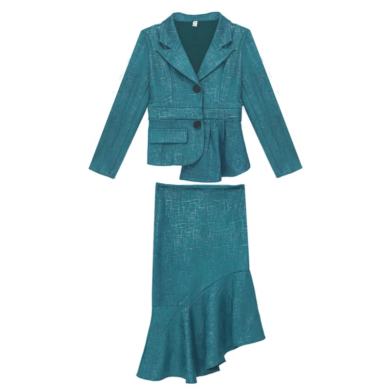 

2020 autumn winter Office lady two-piece set womenfashion women's new suit jacket + high waist mid-length fishtail skirt suit