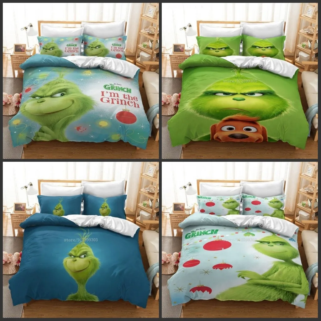 

Bedding Set Cartoon Grinch Printed Comforter Cover with Pillowcase 3Pcs Boys Girls Home Quilt Cover Movies Christmas Decoration