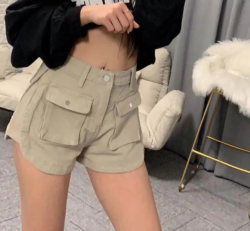 Женские джинсовые шорты с высокой талией широкие свободные карманами