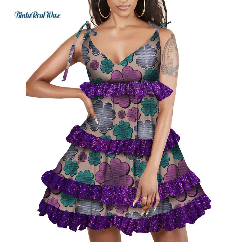 

Africa Woman Dress Casual Doube Strap Dress African Print Multi Layer Dresses for Women Traditional African Clothing WY7993