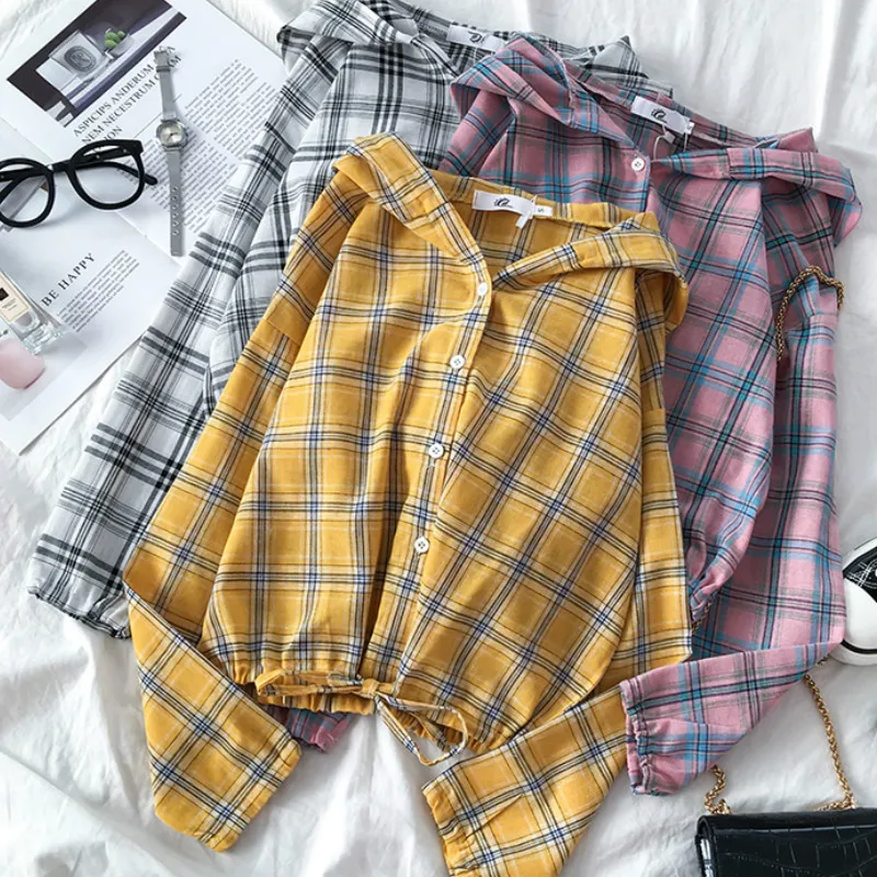 

Shirts Women Plaid Elastic Top Shirt Cardigan Chic Sweet Girl Hot Student Female Elegant Daily Yellow Harajuku Vintage Blouses