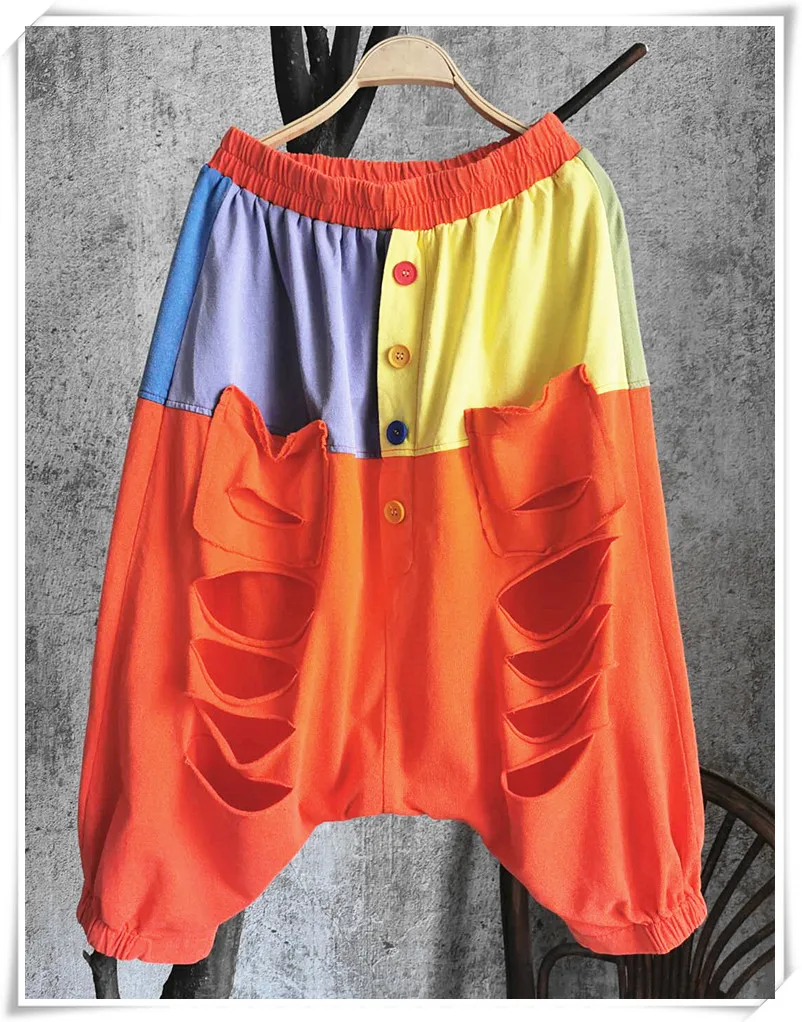 LYUZHE 6 Colors New Fashion Holes Button Harlan pants 2021 SummerWomen  Elastic Waist Patchwork Pants Colorful Hot Sale LYZ003