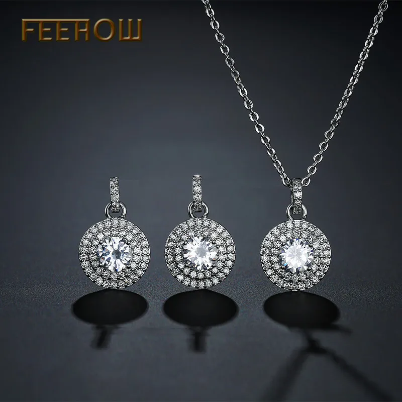 FEEHOW элегантные круглые Милые простые серьги с кубическим цирконием ожерелье