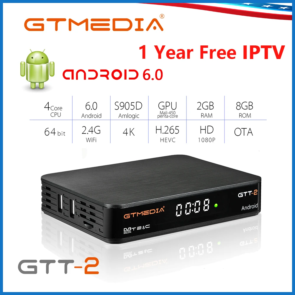GTMEDIA GTT2 Smart tv Box DVB-T2/Cable/ISDBT Android 6,0 2GB 8GB S905D bulit in wifi H.265 4K телеприставка IP tv Android tv Box