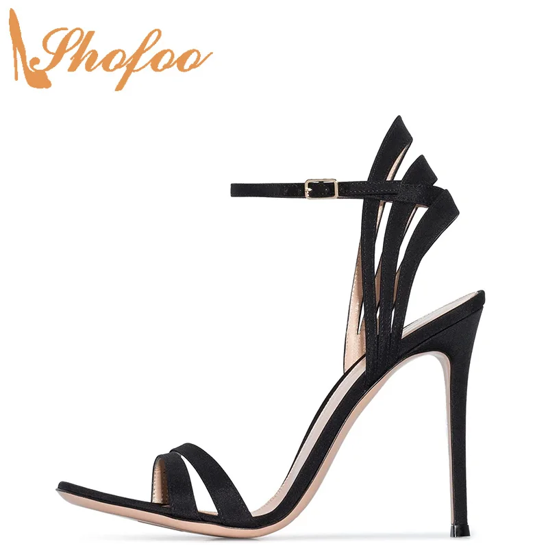 

Сандалии женские на шпильке, Босоножки с открытым носком, узкий ремешок, пряжка, большой размер 15 16, летняя модная обувь, черные