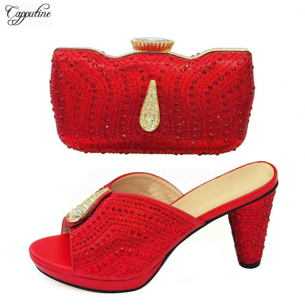 

Luxury Red Woman Shoes And Clutch Bag Set High Heels Matching Pumps With Handbag Slippers Purse Femmes Chaussure CR126 9cm