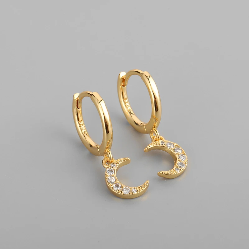 

925 Stamp Silver Moon CZ Hoop Earrings for Women Dainty Tiny Earring Ear Piercing Jewelry