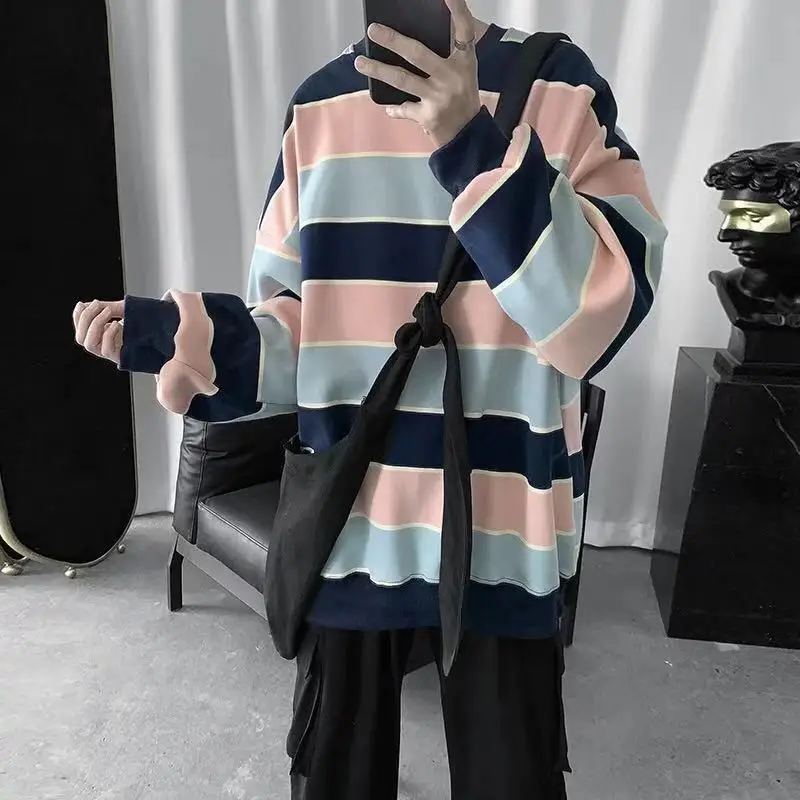 

[classic] Hong Kong Style striped sweater Korean student loose trend men's Plush Pullover Jacket Men's sweater plaid specials