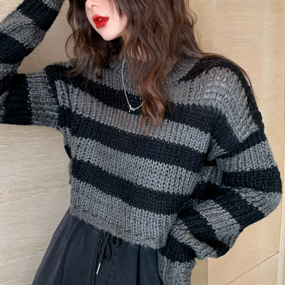 Rosetic Pullovers Striped Short Women Sweater 2020 Casual Knitwear Streetwear Jumper Gray Black Gothic Knitted Sweaters Goth | Женская