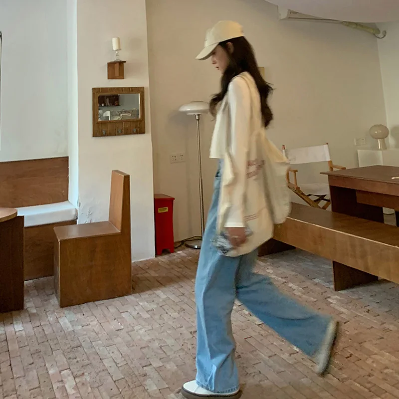 

n Spring Summer Fashion High Street Casual Jeans Women Hole High Wasit Loose Straight Female Jeans Soft Ladies Pants