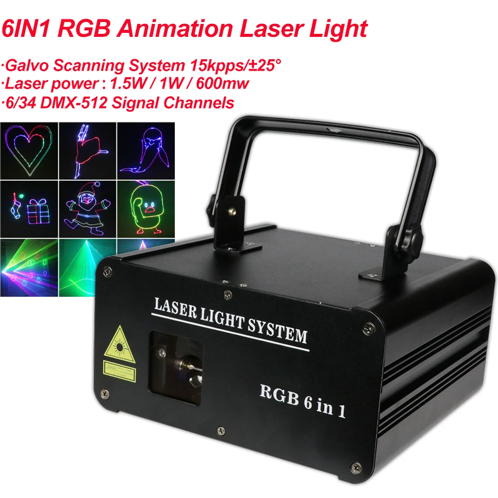 

6IN1 Full Color Animation Laser Projector DMX512 Scanner DJ Disco Party Wedding Holiday 600MW 1W 1.5W Stage Lighting Effect