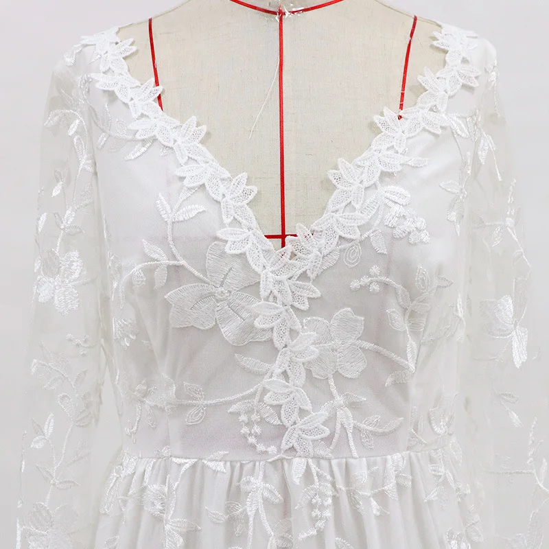 

Spring Evening Dress 2021 Ladies V Neck Lace Long Sleeve Elegant Floor Length Dress Formal White Lace Wedding Dress Dresses