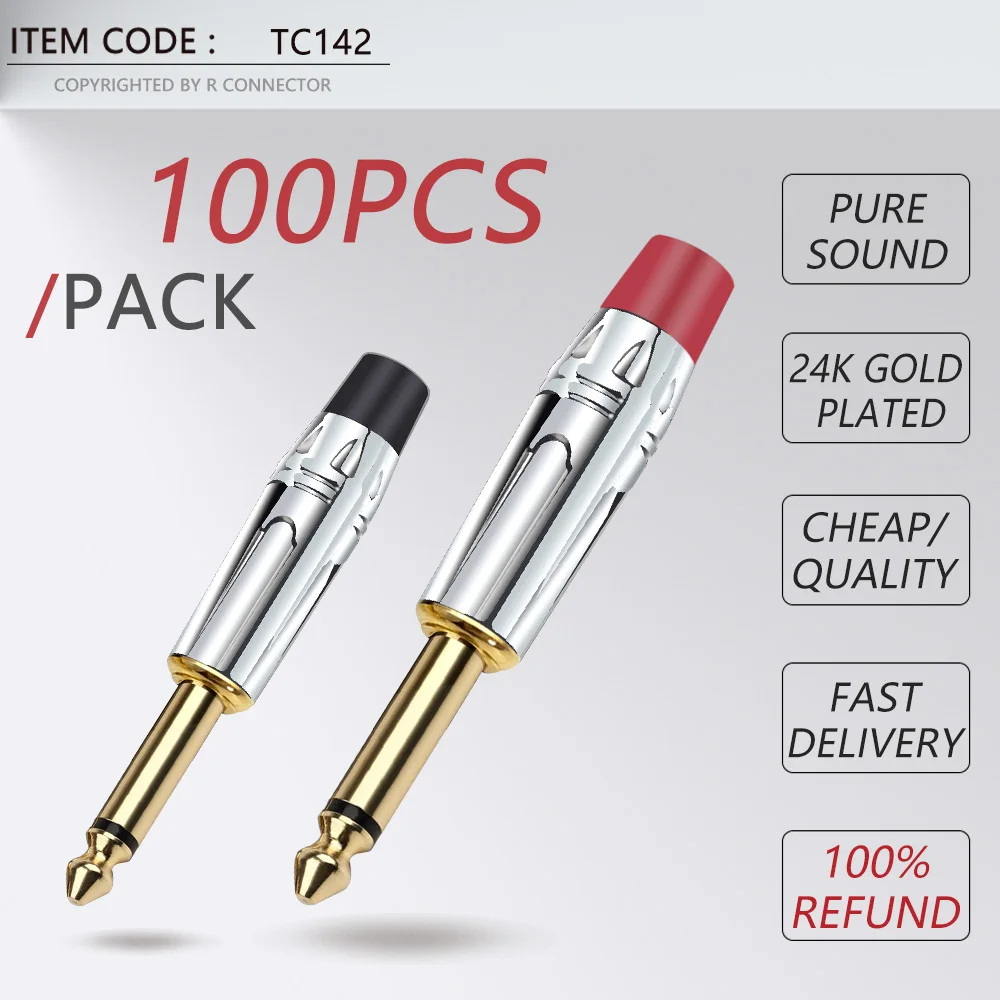 

100PCS Mono 6.35MM Jack 6.3MM Male Plug Soldering Wire Connector Brass Gold Plated 1/4 Inch Microphone Plug