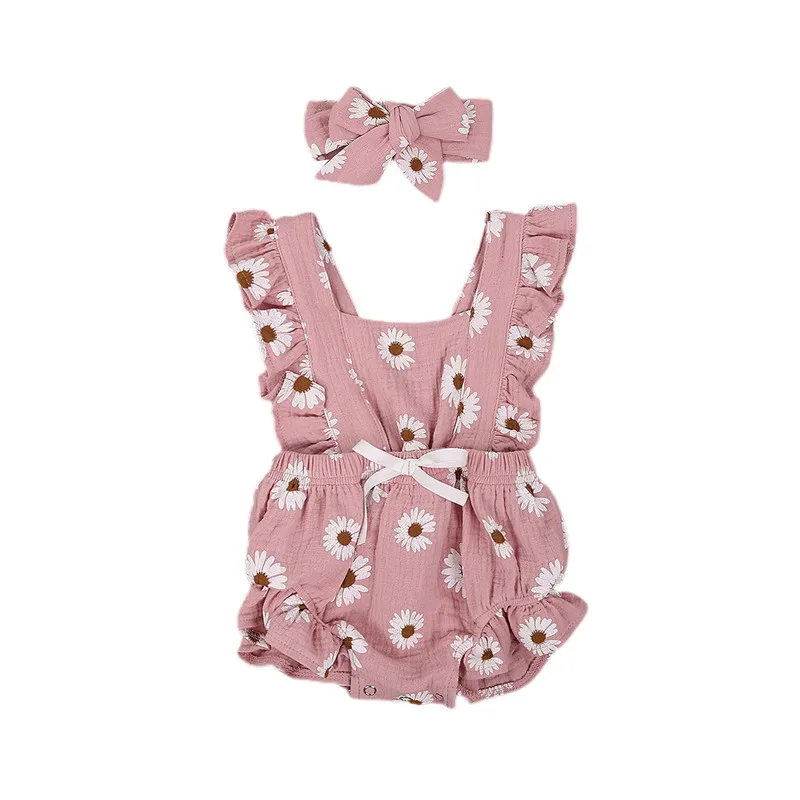 

One Persent Baby Girls Clothes Set Sleeveless Square Collar Romper Bow Knot Headband One-Pieces Clothing 0-24 Months